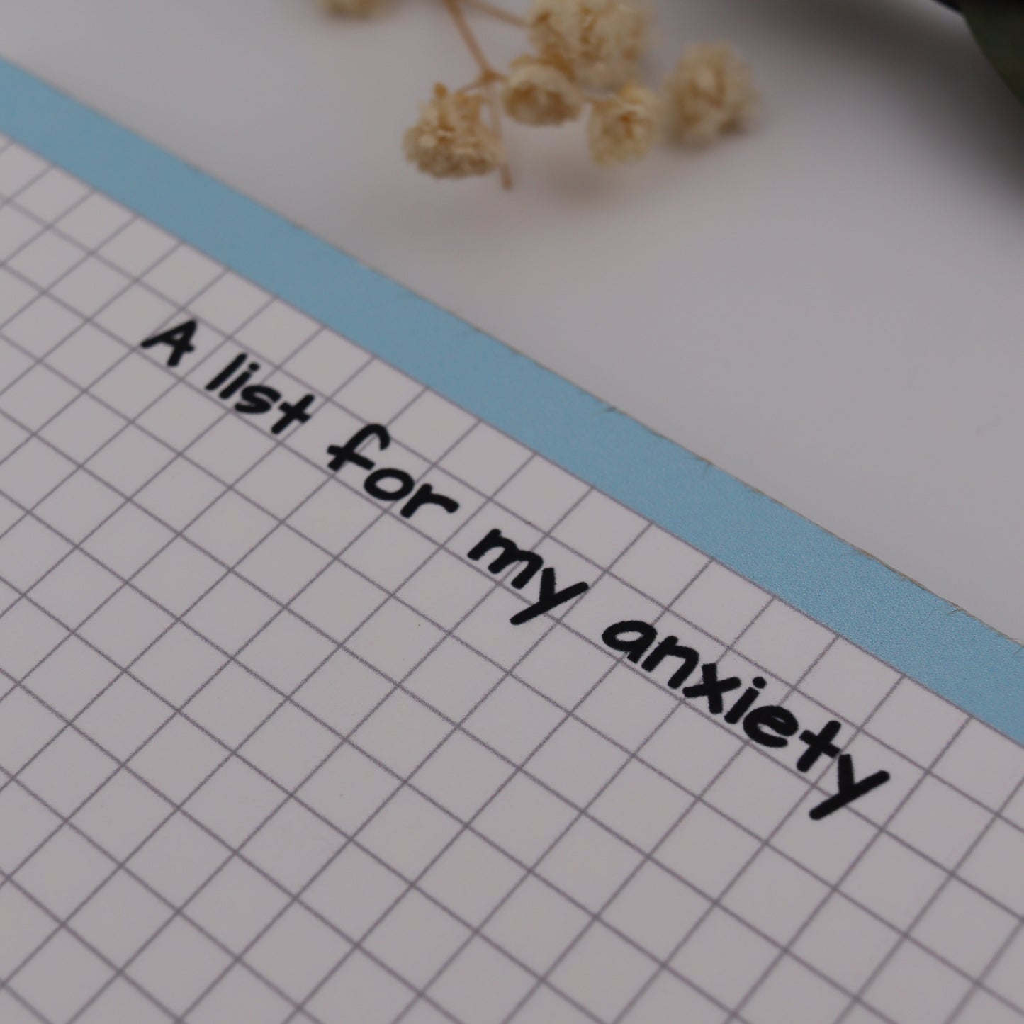 Notebook page with text 'A list for my anxiety' and a dried flower on grid paper.