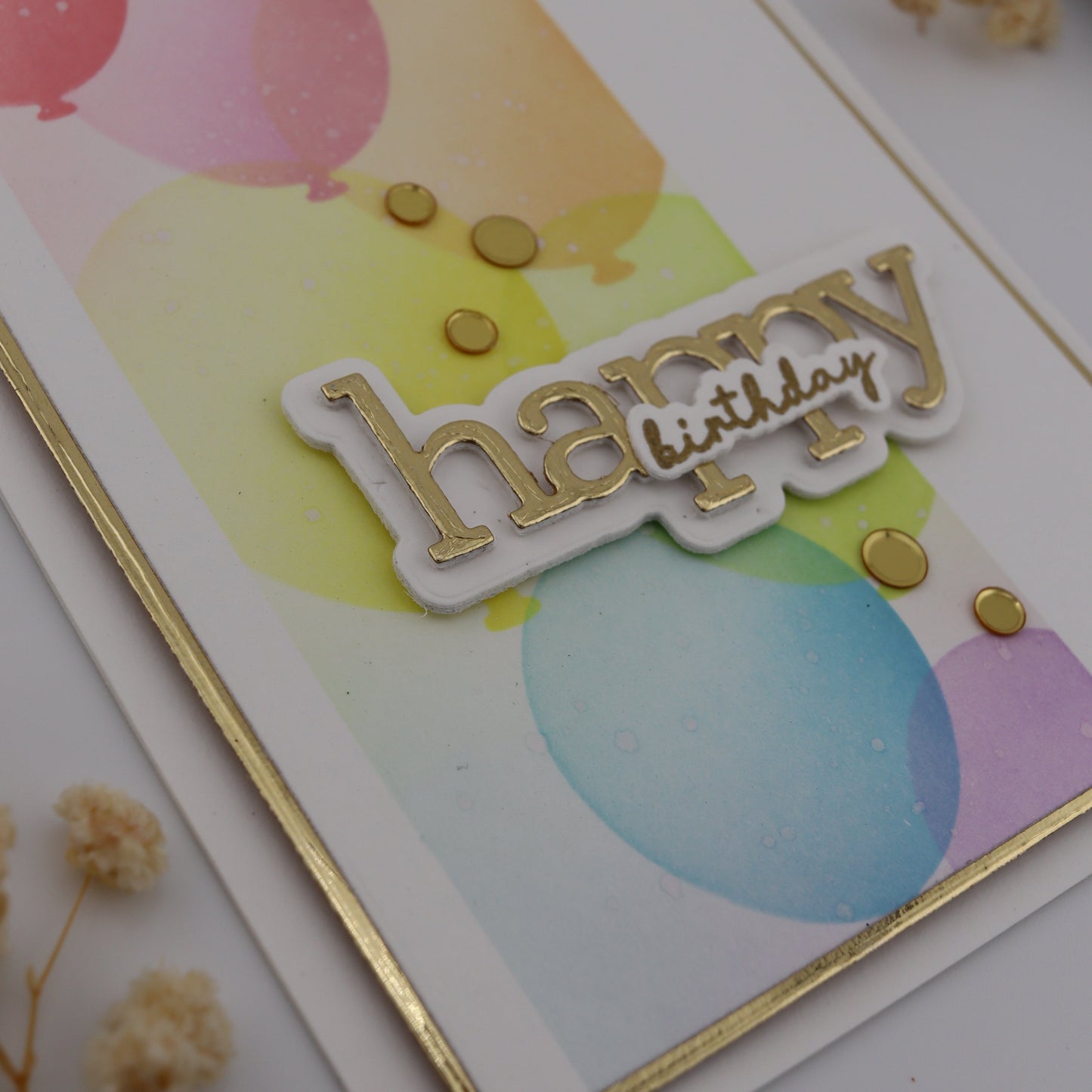Colorful birthday card with balloons and the word 'Happy Birthday' on a white background.