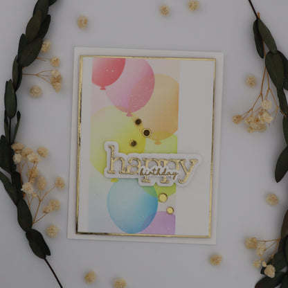 Decorative card with colorful balloons and 'Happy' text, surrounded by greenery and small flowers on a white background.