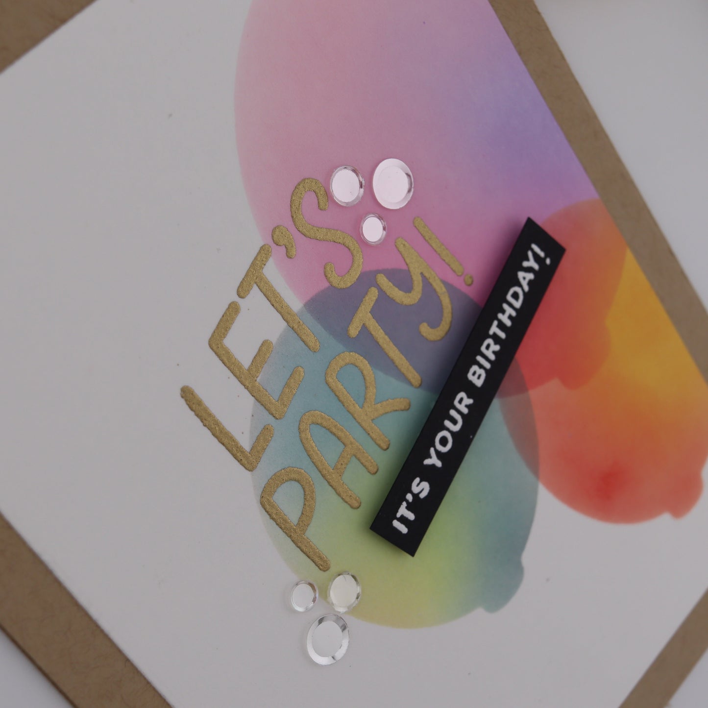 Greeting card with 'Let's Party! It's Your Birthday!' text and colorful design.