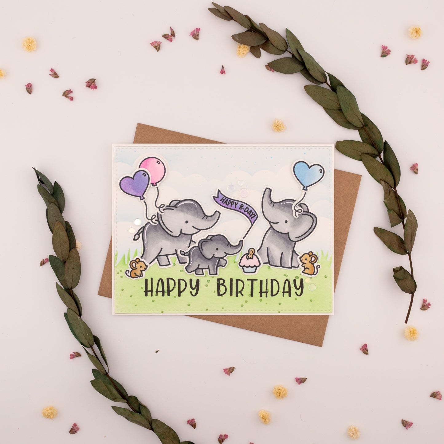 Happy B-Day Elephants - Handmade Greeting Card