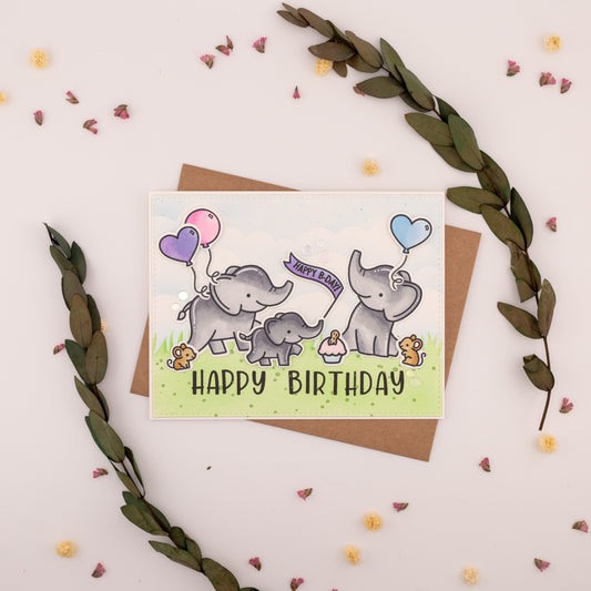 Happy B-Day Elephants - Handmade Greeting Card