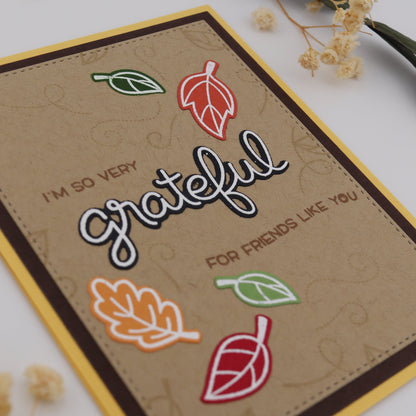 Card with leaf designs and 'I'm so very grateful' text on a white background