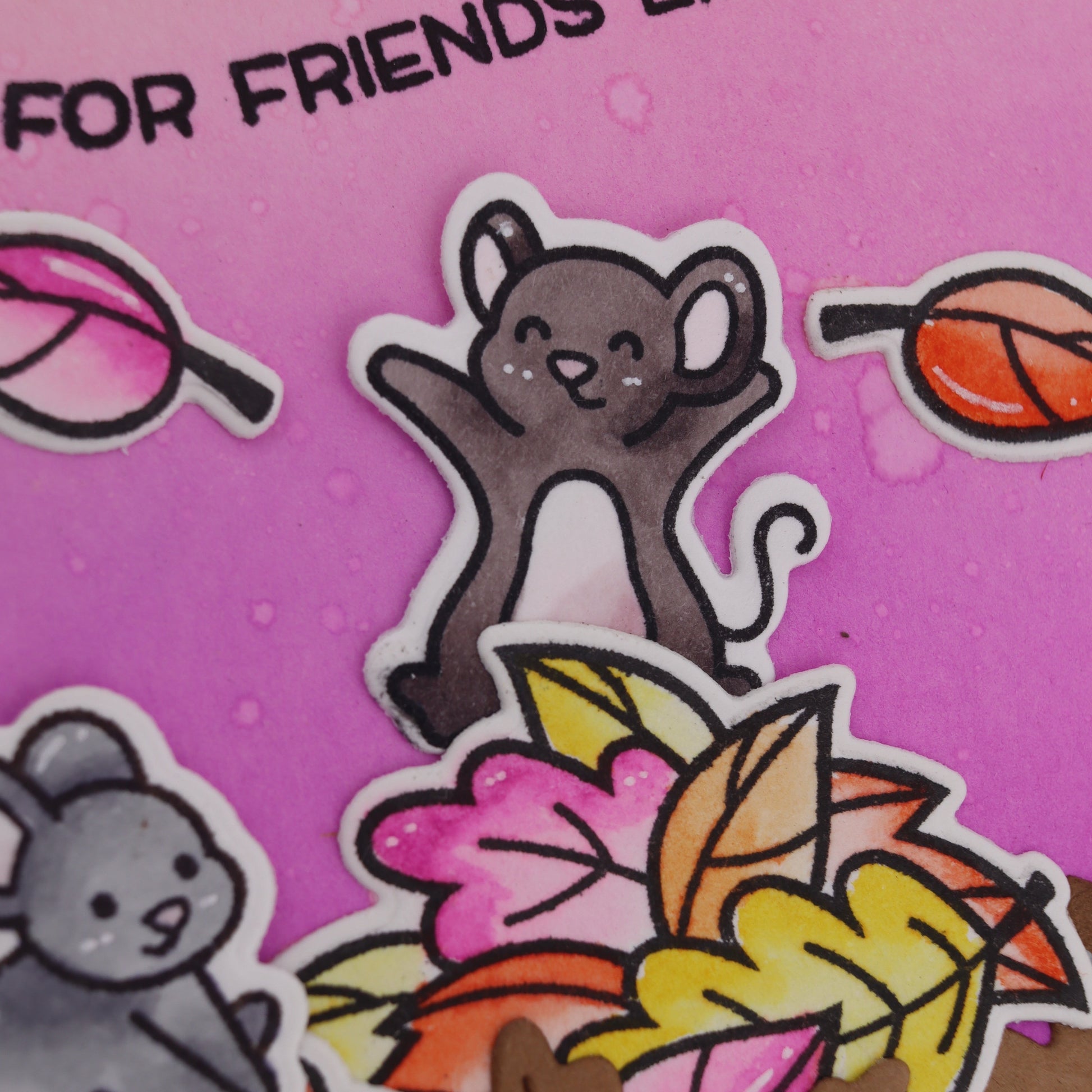 Sticker design with cartoon mice and autumn leaves on a pink background with text.