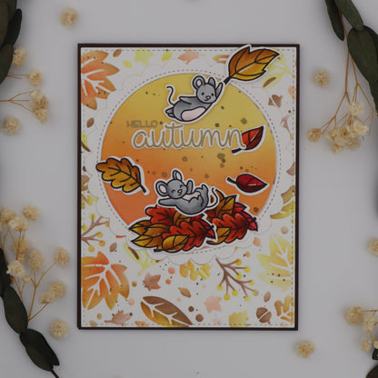 Autumn-themed card with leaves and flowers on a white background