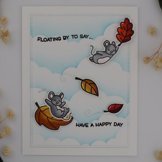 Card with cartoon mice and autumn elements on a white background