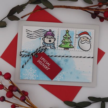 Christmas-themed card with Santa Claus, Christmas trees, and reindeer on a white background with red and green decorations.