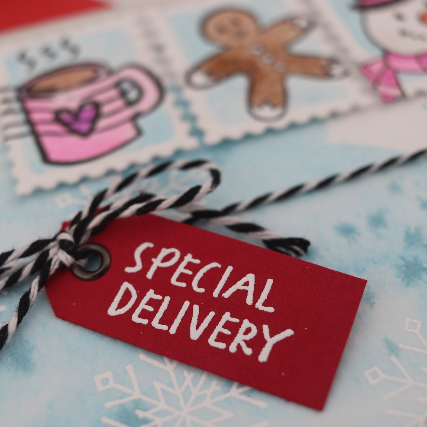 Red 'Special Delivery' tag on a snowy background with Christmas-themed items.