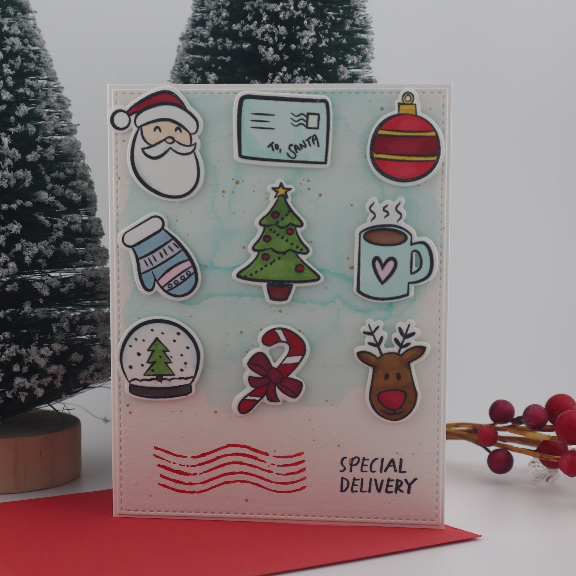 Christmas-themed card with various festive icons on a white background