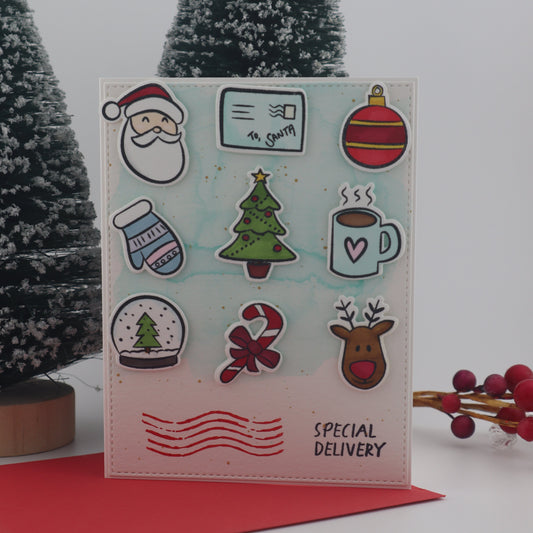 Christmas-themed card with various festive icons on a white background
