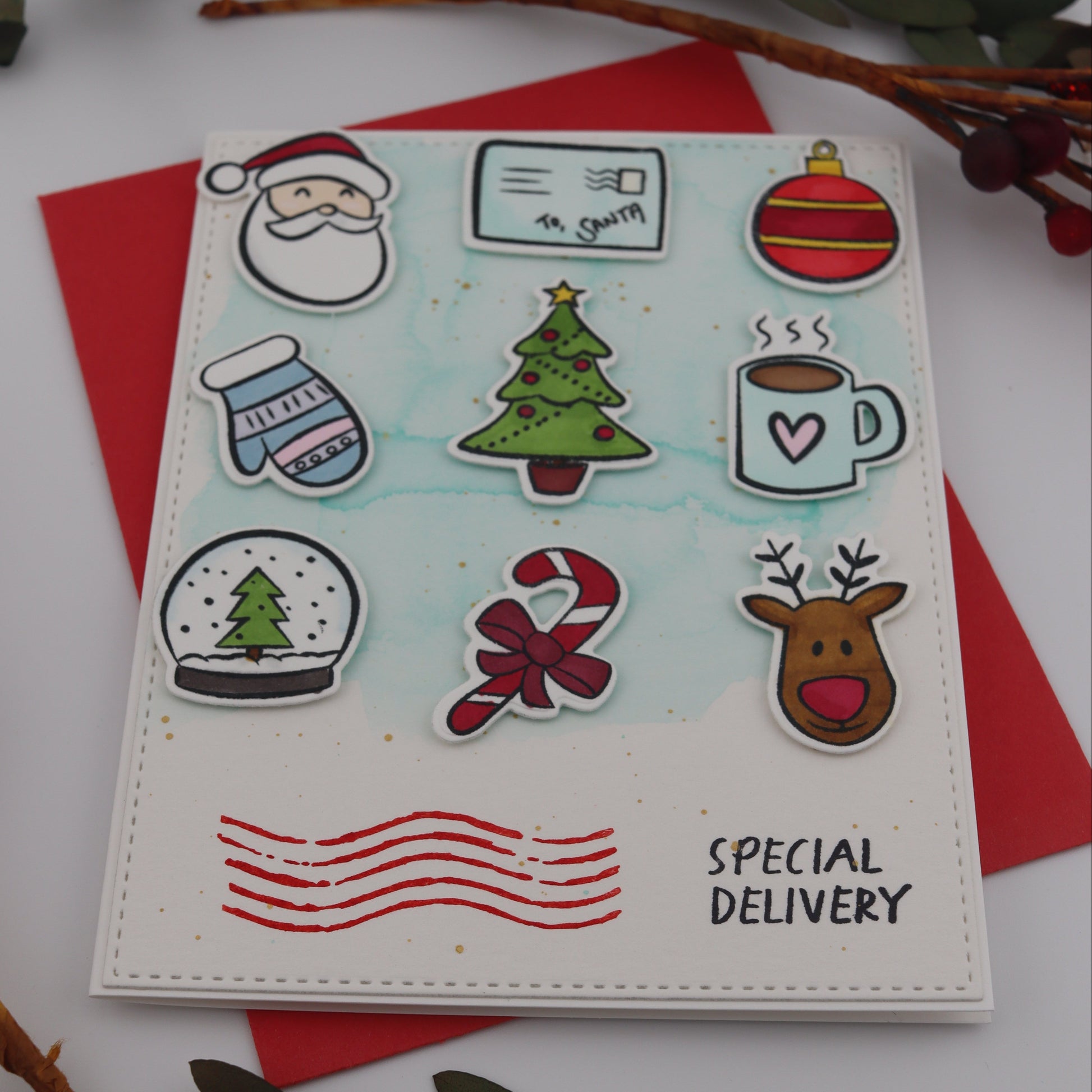Christmas-themed card with decorative elements on a white background