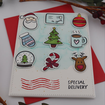 Christmas-themed card with decorative elements on a white background