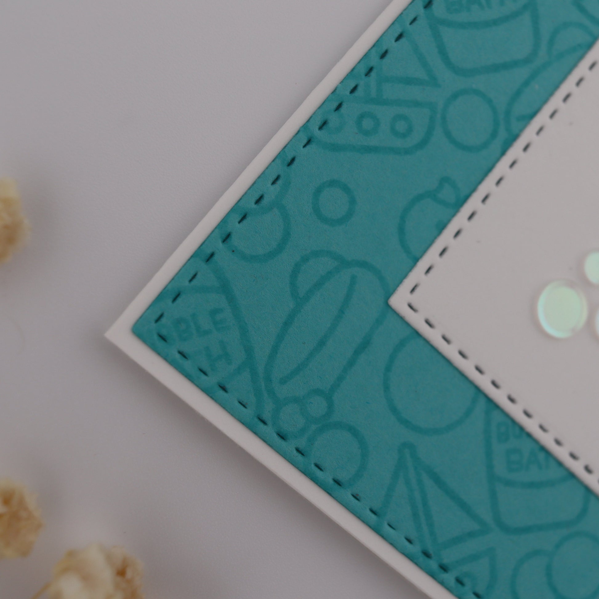 Card with a cartoon duck and bathtub design on a light gray background