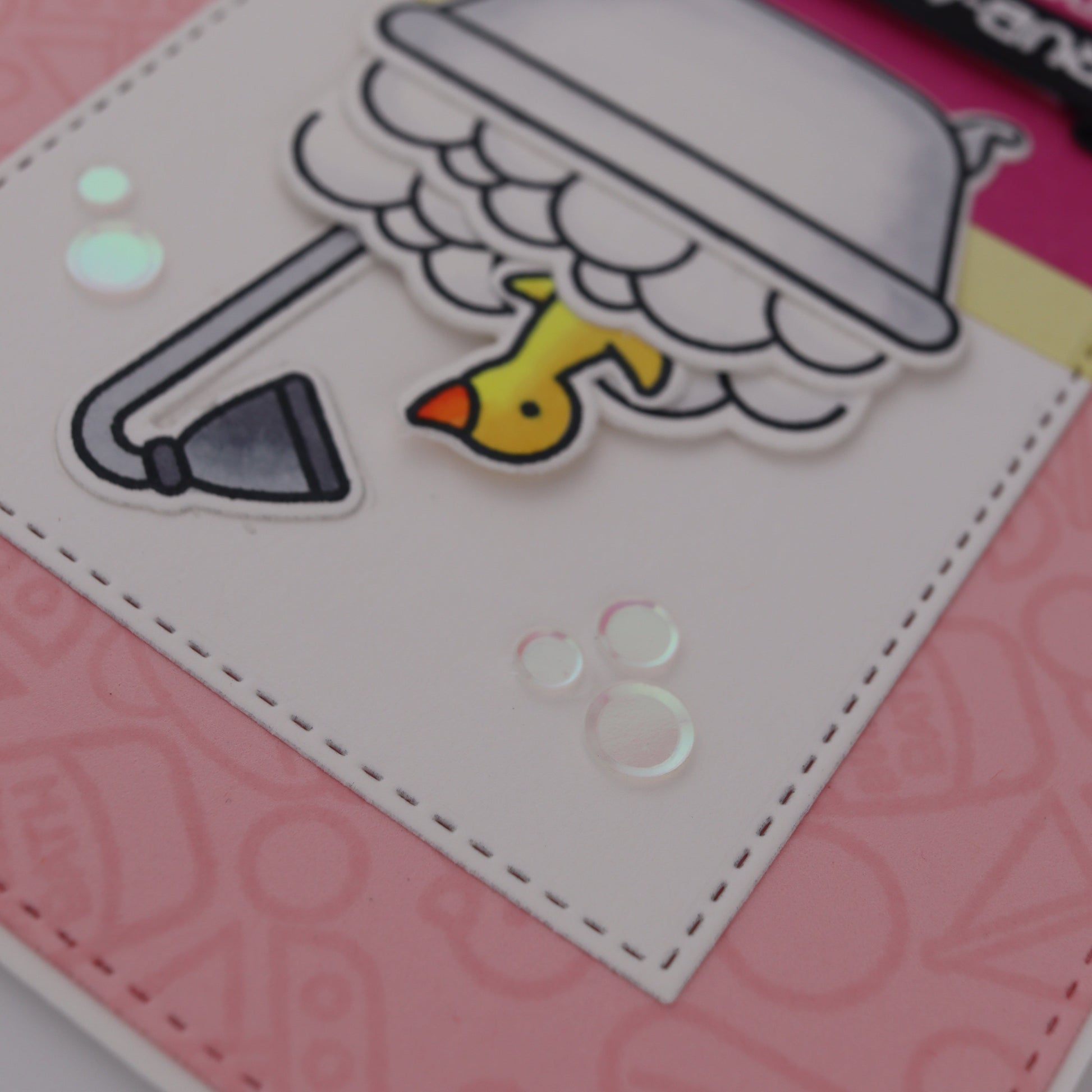 Children's book or card with a cartoon duck in a bathtub and shower illustration on a pink background.