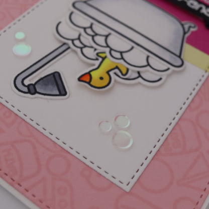 Children's book or card with a cartoon duck in a bathtub and shower illustration on a pink background.