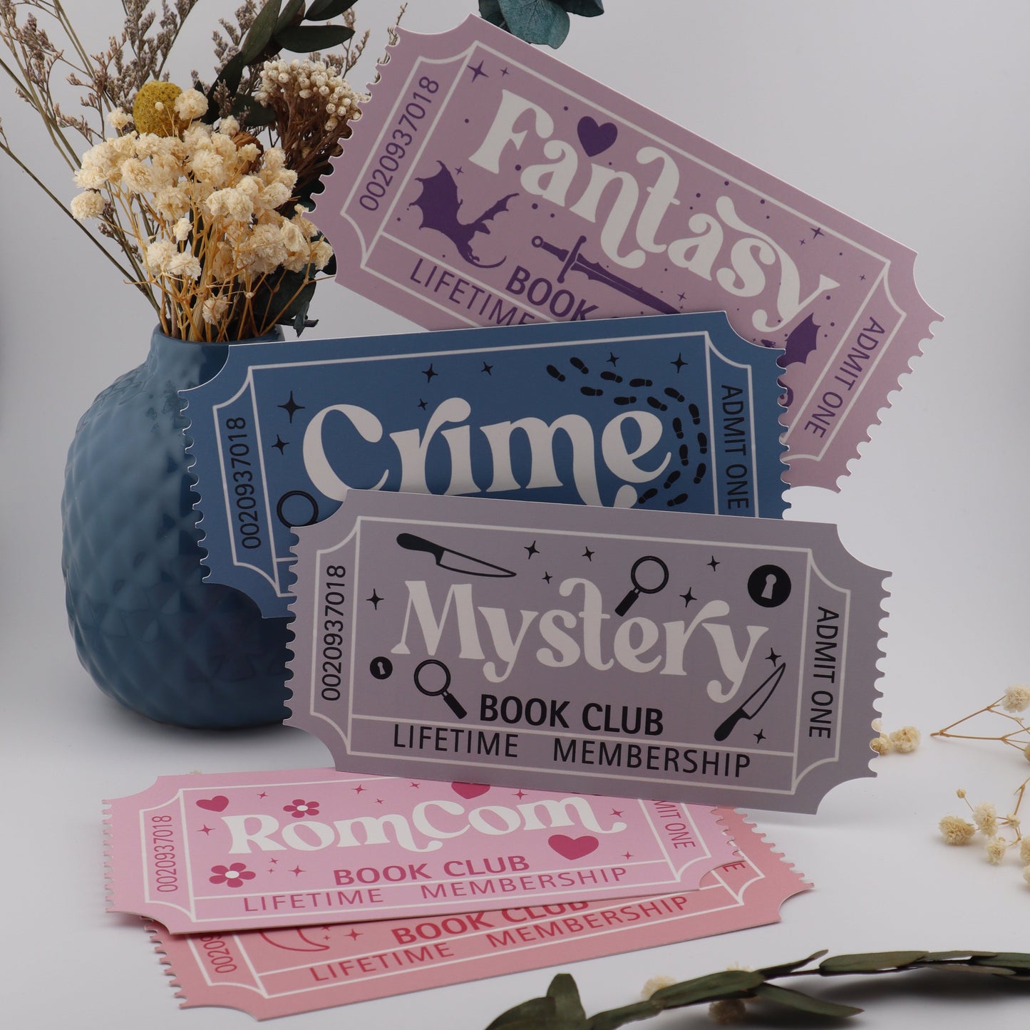 Decorative book club tickets with floral and plant elements on a white background