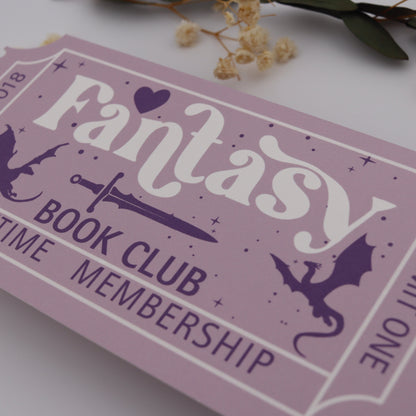 Fantasy book club membership card with decorative elements on a light background