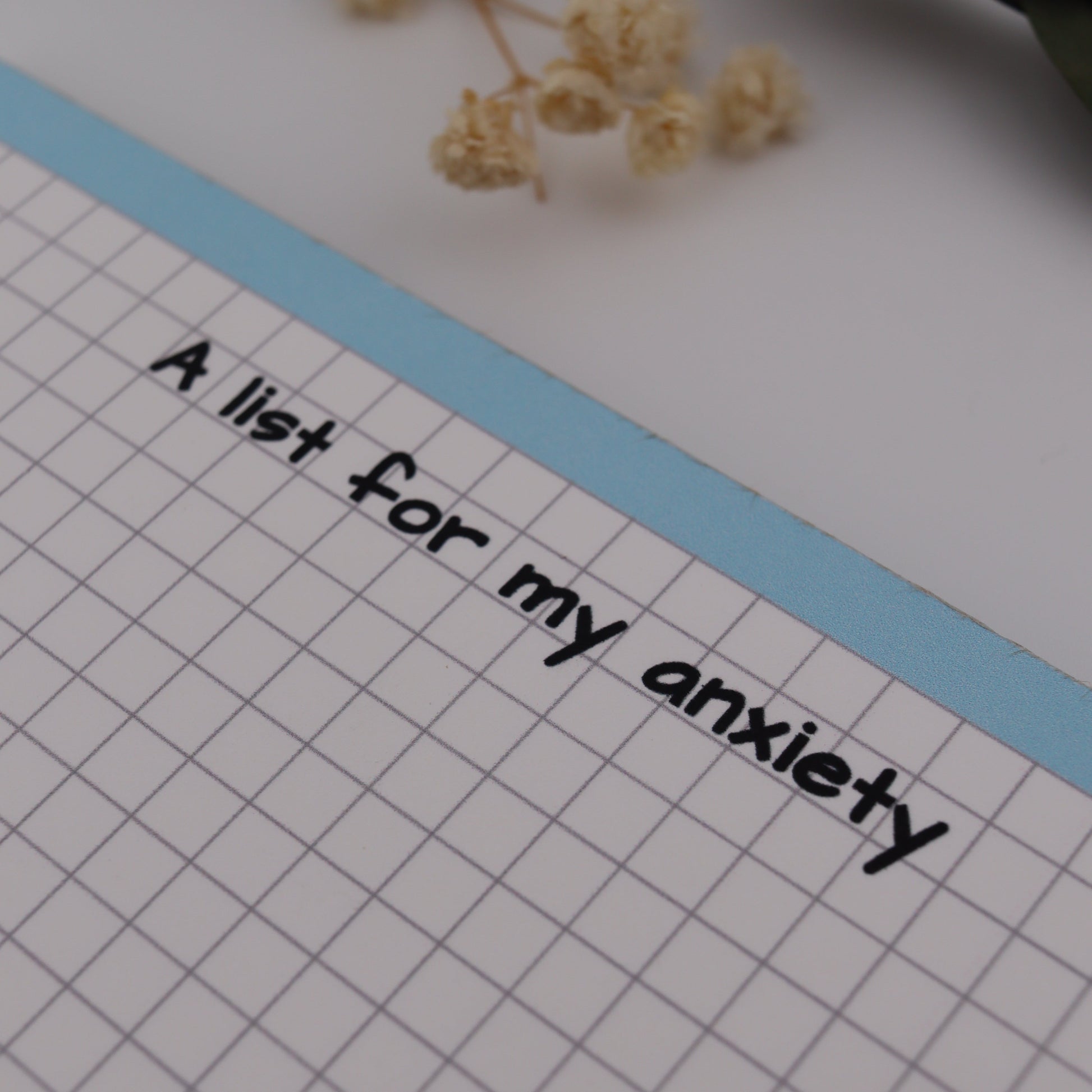 Notebook page with text 'A list for my anxiety' and a dried flower on grid paper.